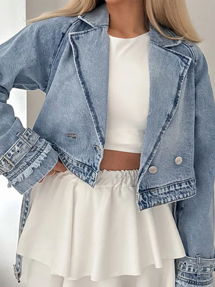 

2025 Women's Elegant Button Outercoat Autumn Fashion Lapel Lace-Up Denim Coat Winter Casual Long Sleeve Solid Color Short Jacket