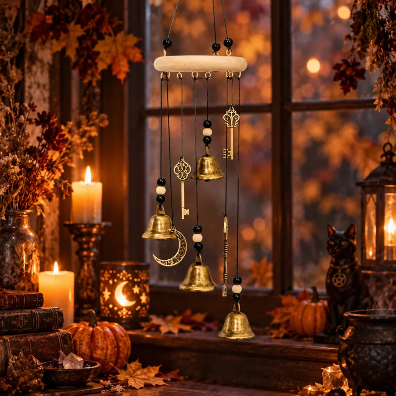 48cm Wind Chime Hanging Bell Pendant Handmade Metal Witch Moon Key Outdoor Garden Porch Halloween Gothic Home Decor Ornament