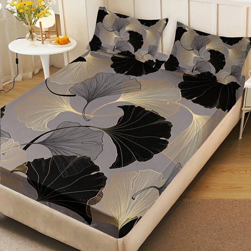 Black Gold Ginkgo Leaf Fitted Sheet Set 3PCS Modern Luxury Elastic Mattress Cover Soft Bedding Set With 2 Pillowcases