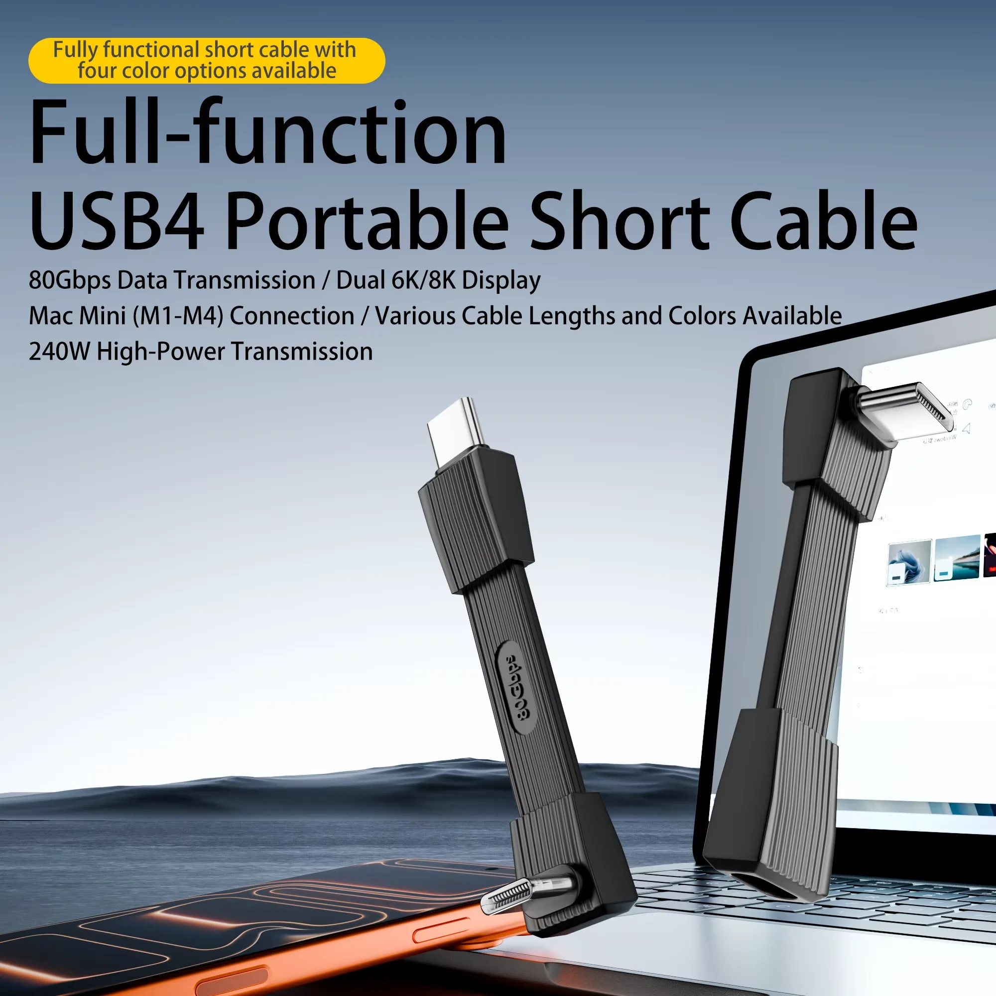 Short USB4 Gen4 Cable PD3.1 240W Fast Charging 90 Degree USB C Cable 80Gbps 8K Video for for Mobile Phone SSD, Thunderbolt5/4/3
