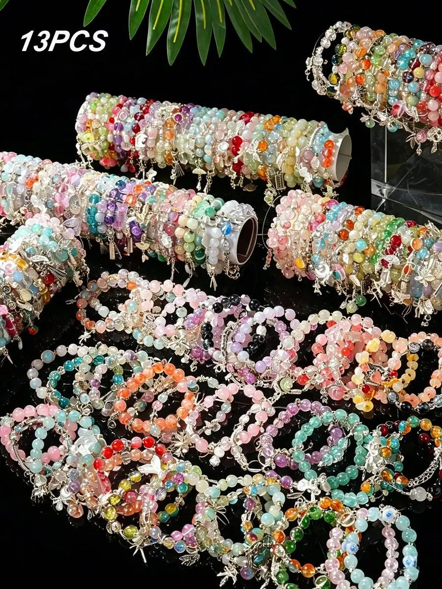 

13Pcs Mixed Colorful Beaded Glass Crystal Charm Bracelet Set With Bowknot Flower Butterfly For Women