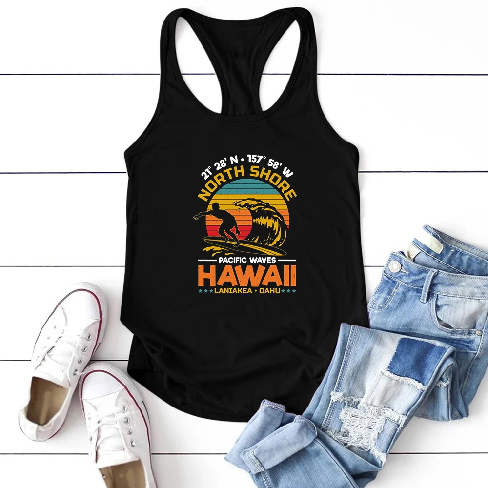 Seeyoushy 21°28'N.157°58'W NORTH SHORE PACIFIC WAVES HAWAII LANIAKEA OAHU Summer Fashion Women's Tshirt Printed Women's Camisole