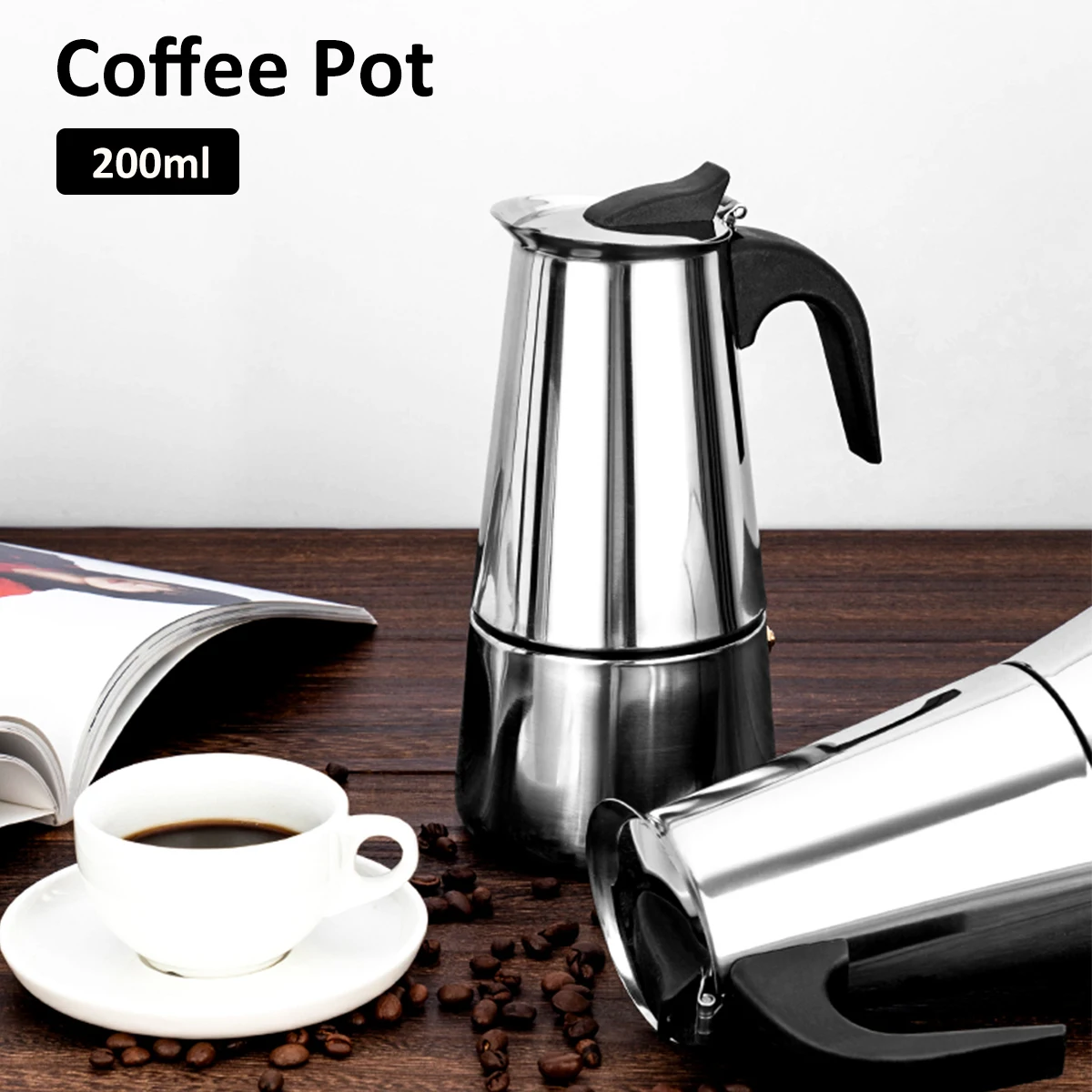 200ml/4 Cup Espresso Maker Stainless Steel Induction Portable Coffee Maker Pot Suitable  for Cookers Stovetop Home Camping