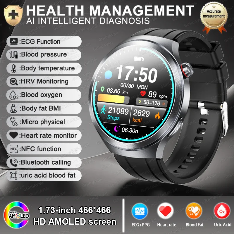 2025 New Health detection ECG+PPG Uric Acid Blood Oxygen Body Analysis Smart Watch Clock Bluetooth BT Call Smart Watch Men