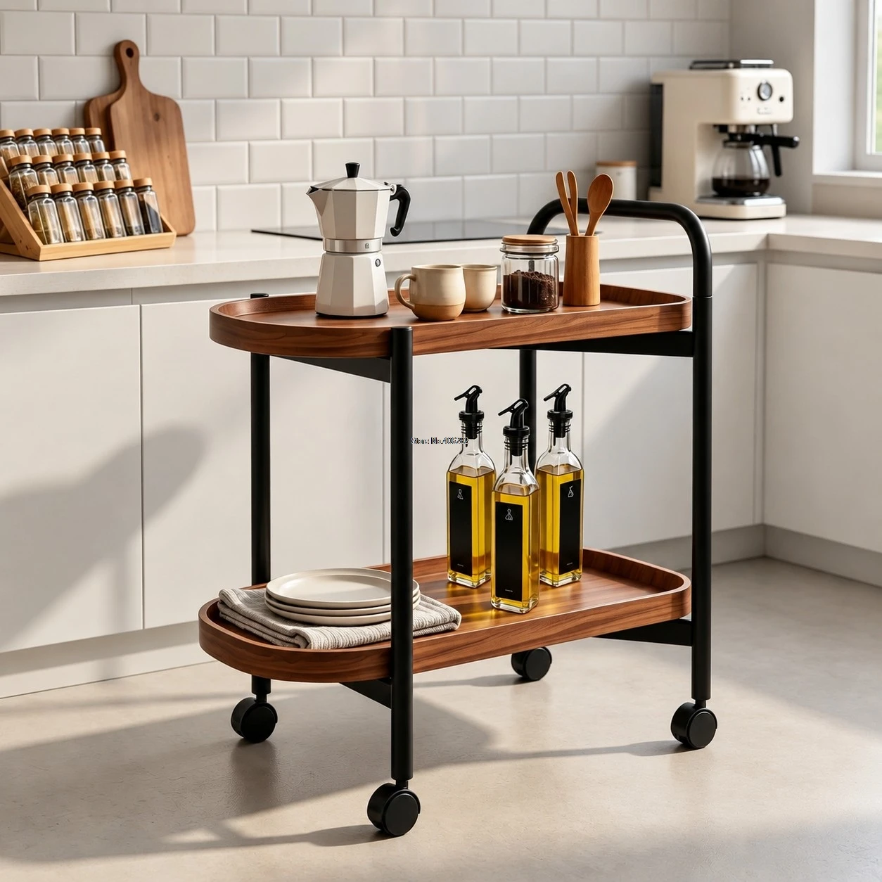 2-Tier Multifunctional Side Table, Rolling Storage Trolley with Raised Edge, Wood Grain Mobile Side Table with Lockable Wheels