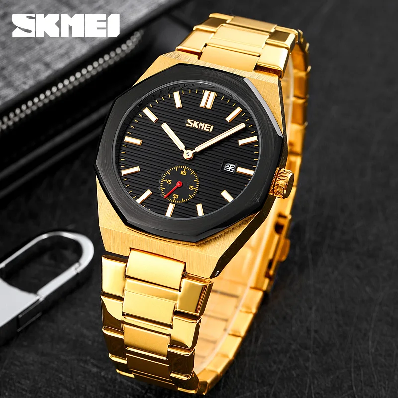 SKMEI Fashion Men\'s Metal Brushed Texture Watch Business Style Three-Dimensional Metal Hour Markers Waterproof Quartz Watch 9262