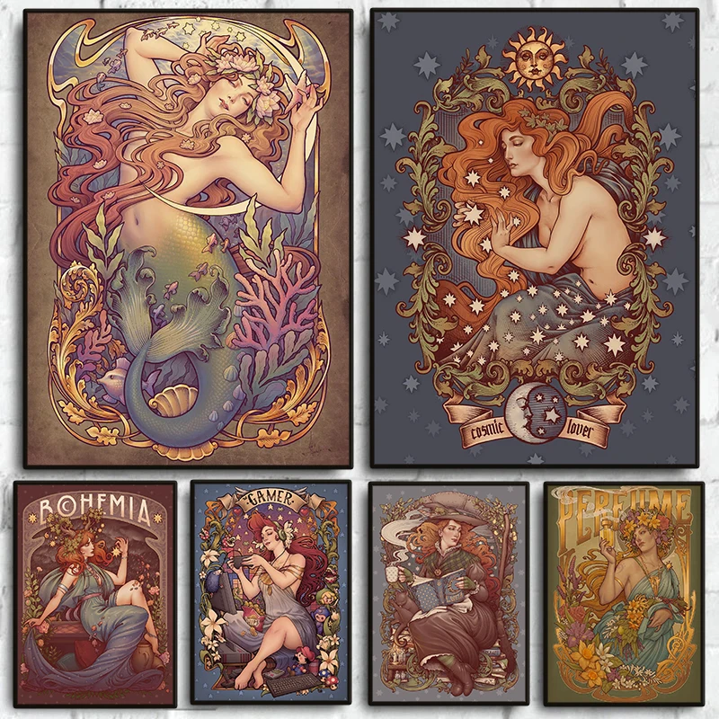Art Nouveau Styles Females Poster Folk Witch Magic Free Spirit Figure Illustration Canvas Painting Wall Art for Room Home Decor