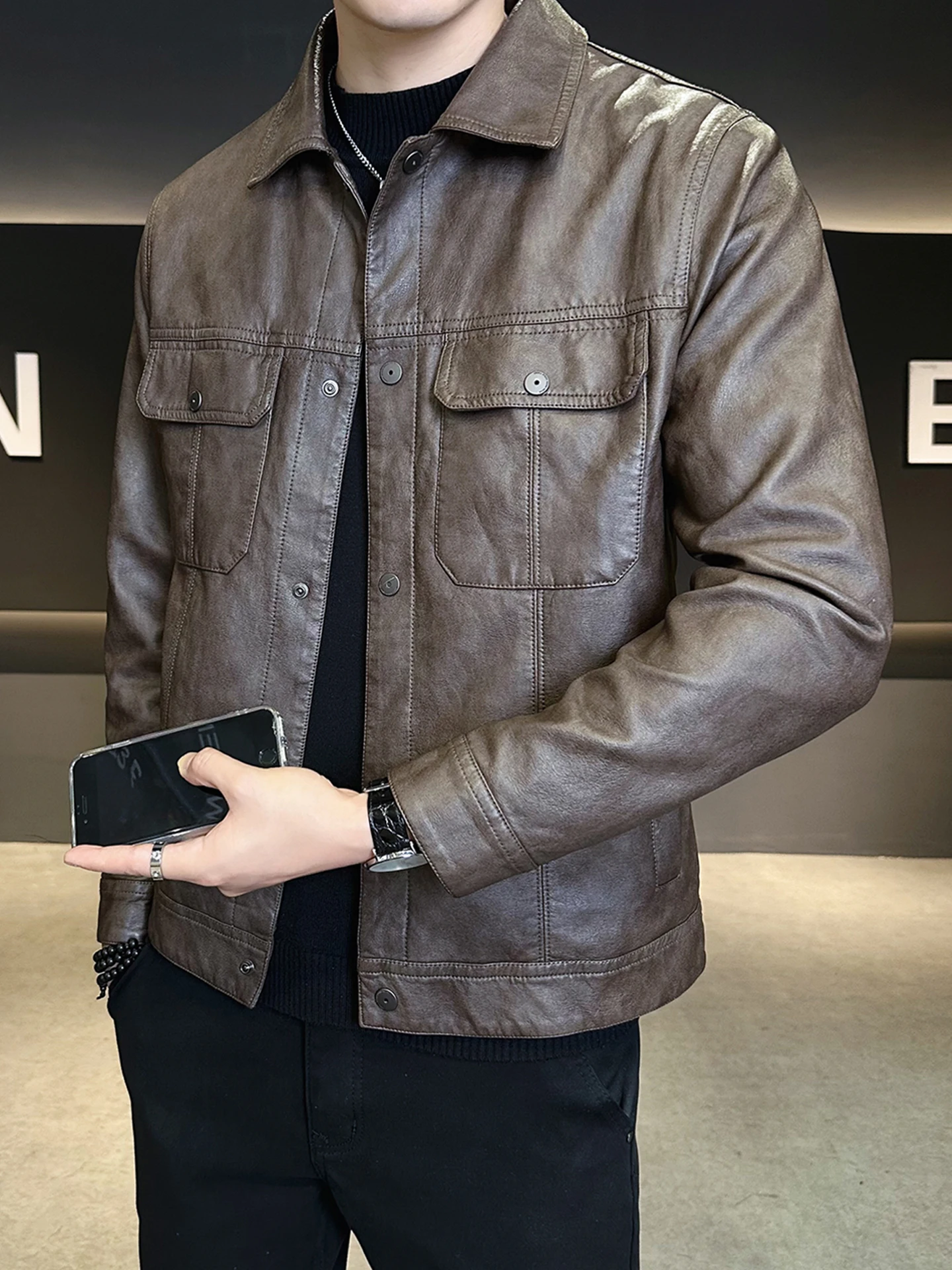 

Men's Fce Lined Biker Leather Jaet Thiened Autumn Winter New Sle Faion Brand High-End Feel Flip Collar Motorcycle ...