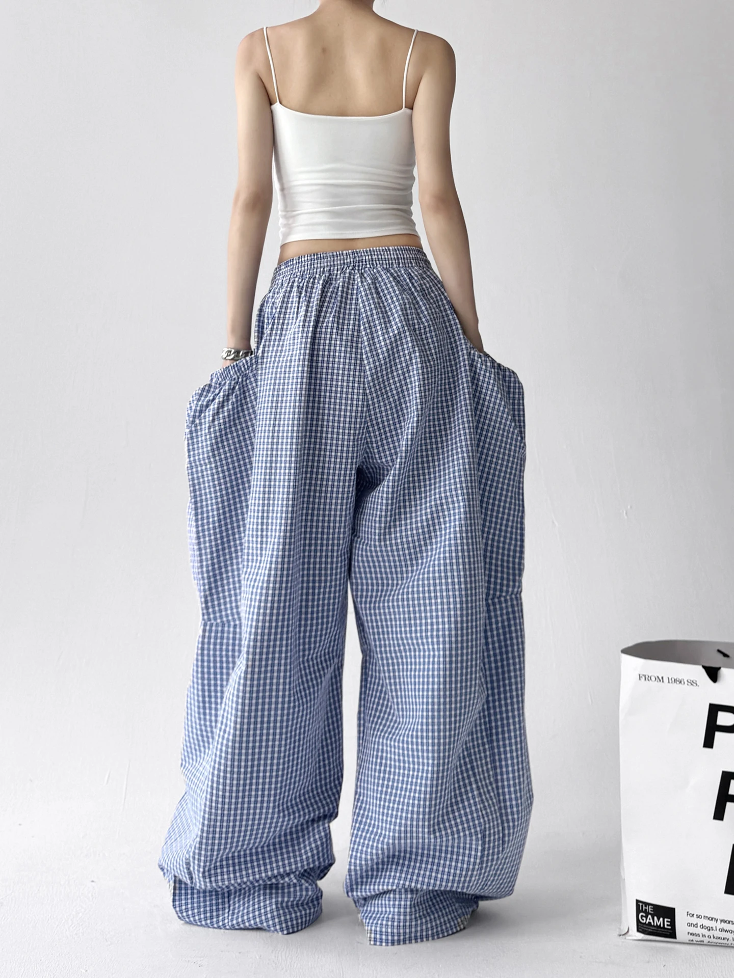 レトロアメリカンチェック柄ワイドレッグカジュアルパンツ レディース 夏新作 ルーズBF風 ラジースタイル エレニフパンツ ハイウエストストレートレッグ