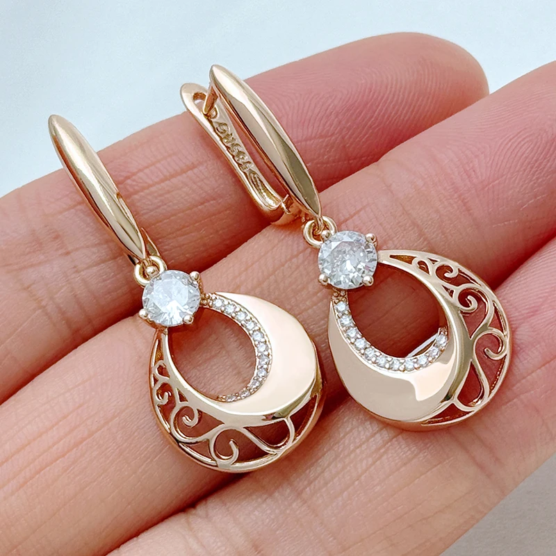 Kinel Hot Vollglänzende natürliche Zirkon-Ohrringe für Frauen, einzigartiges Muster, 585er Roségold, Hochzeitsschmuck, bestes Geschenk