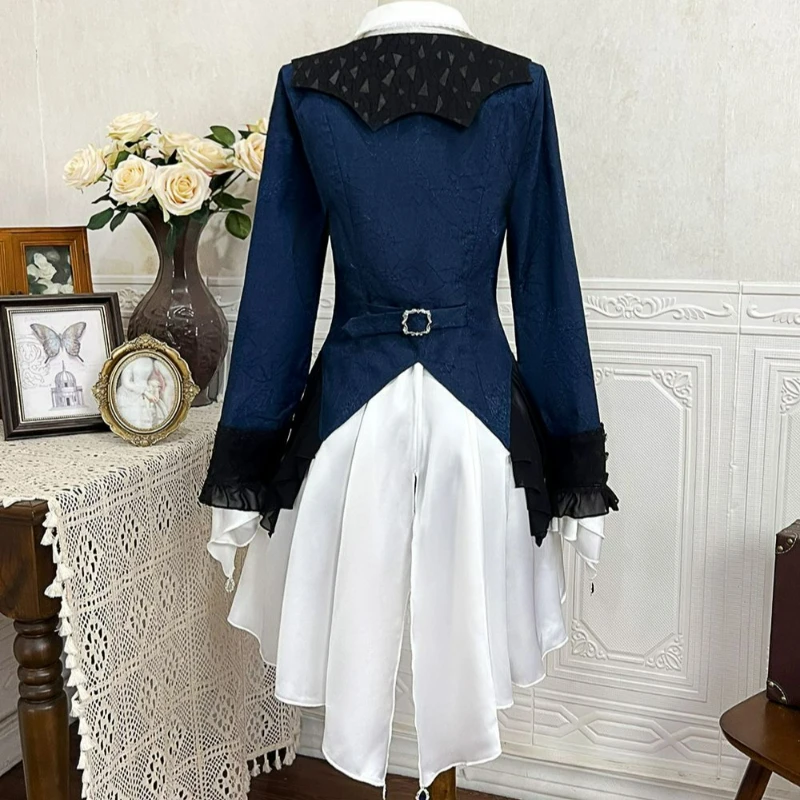 Medieval Lolita Prince Outfit Set Women Vintage Long Sleeves Jacquard Jacket Bow White Shirt Dress Mini Shorts Cosplay Clothing - view 2