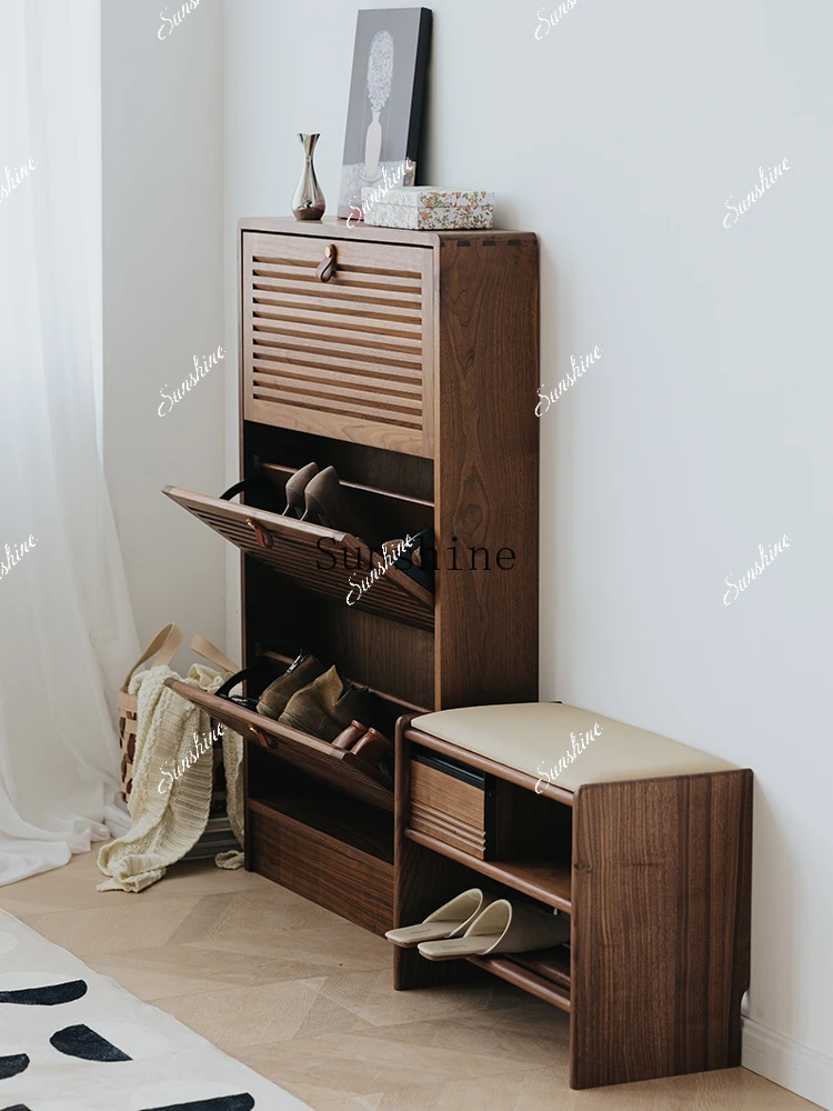 Nordic solid wood retro storage ultra-thin black walnut tipping bucket entrance cabinet  FT
