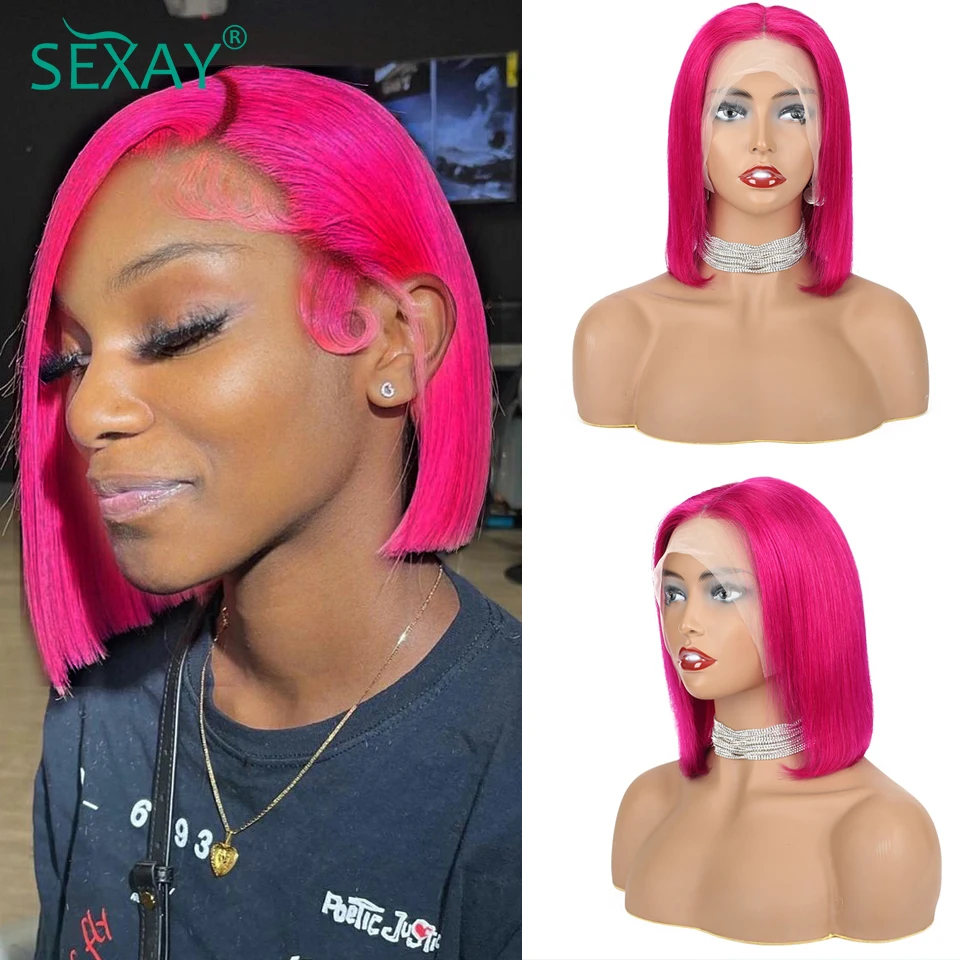 Hot Pink Short Bob Lace Front Wig Preplucked Brazilian Human Hair Wigs 13x4 HD Transparent Lace Frontal Wig Double Drawn Bob Wig