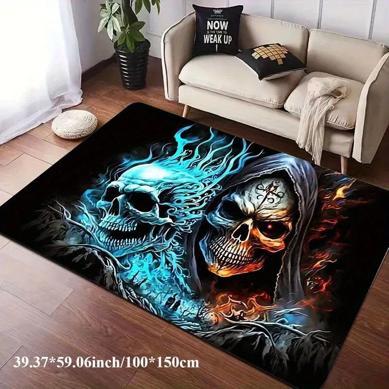 Flannel Printed Dual Skull Rug Blue Fire and Red Flame Design Soft Fleece Floor Mat Living Room Carpet Gothic Art Decor Rugs