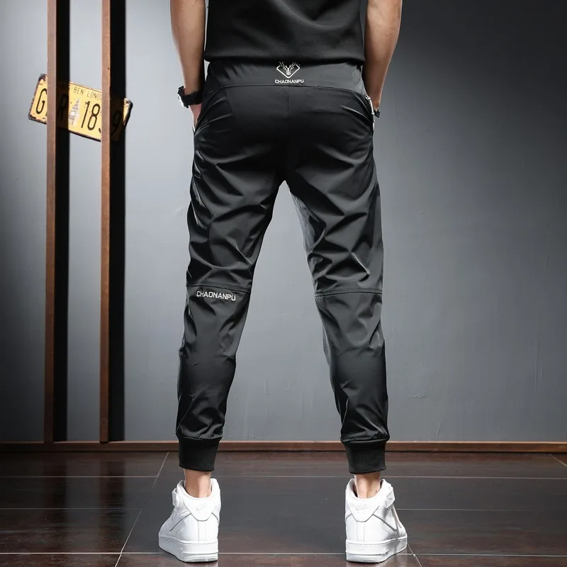 Men's Black Sport Jogging Pants Summer Lightweight Fashion Casual Embroidery Slim Fit Elastic Waist Drawstring Joggers Trousers