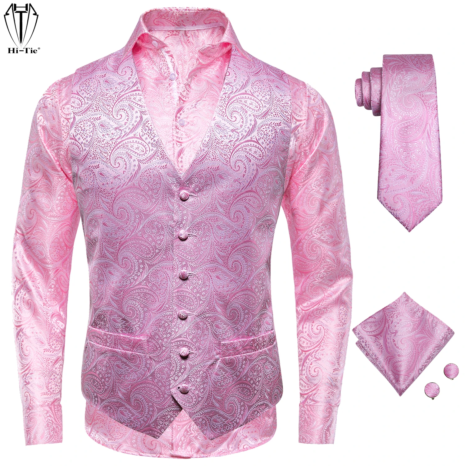 

Hi-Tie Pink Silk Mens Vests Shirts Necktie Set Jacquard Paisley Shirt Waist Jacket Tie Hanky Cufflinks for Men Wedding Business