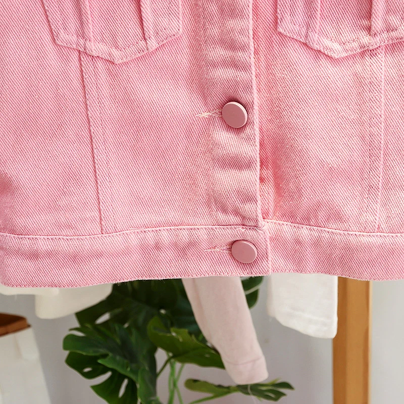 Solid Color Pink Kids Denim Jackets Outerwear 2023 New Spring Autumn Turn Down Collar Single Breasted 1-6 Years Girls Jean Coats