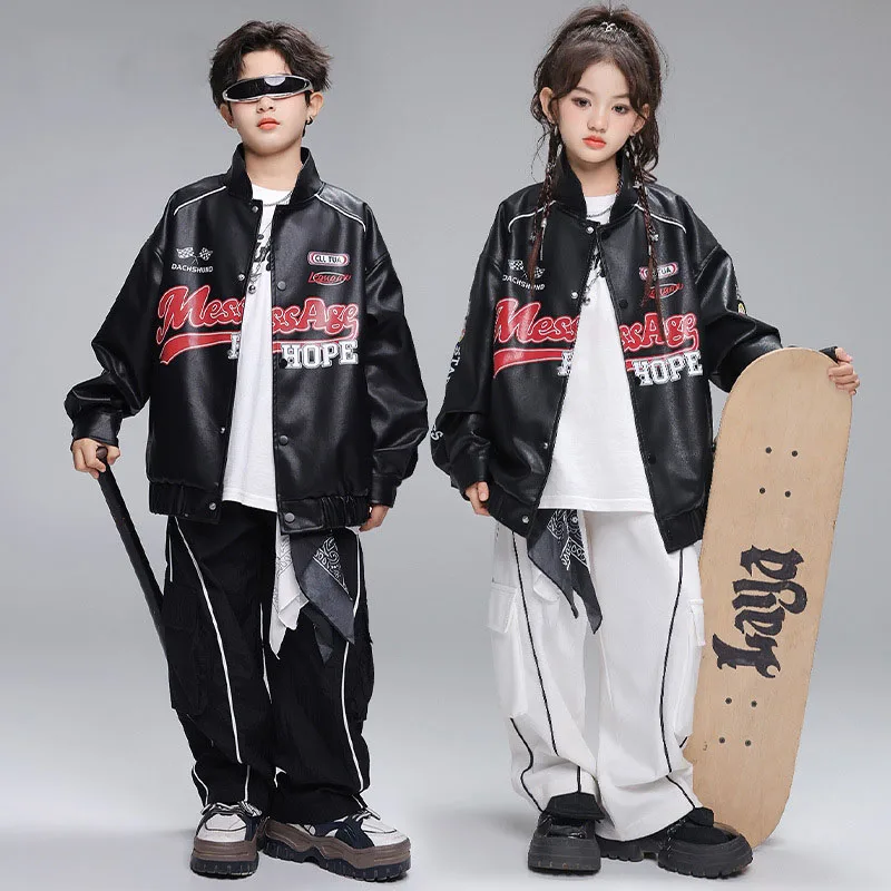 

Kid Kpop Hip Hop Clothing Black PU Leather Motorcycle Jacket White Casual Cargo Pants for Girl Boy Jazz Dance Costumes Clothes