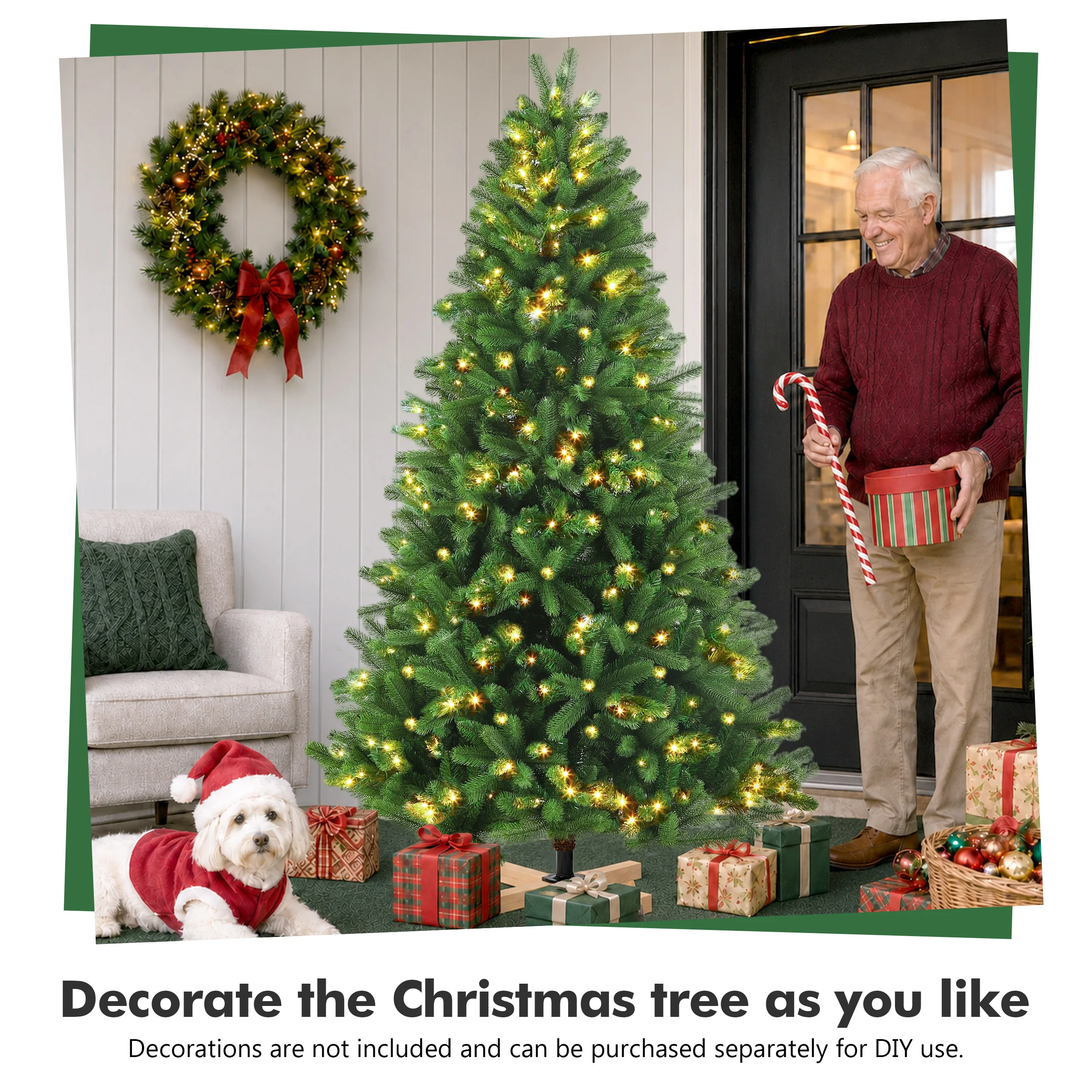 Vorgefertigter künstlicher Weihnachtsbaum mit gemischten PE- und PVC-Zweigen, warmweißes LED-Licht, flammhemmende, geruchlose Spitzen, Holzständer, 180/210/235 cm, vollständig wiederverwendbarer Weihnachtsbaum für Heim-, Büro- und Partydekoration. – Detail 6