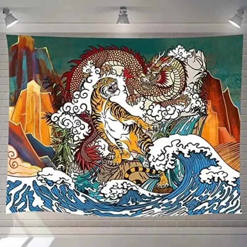 Japanese Ukiyo-e Tapestry Dragons and Tigers Frolic Among Mountain Waterfall Rocks and Bamboos Tapestry, Flannel Art