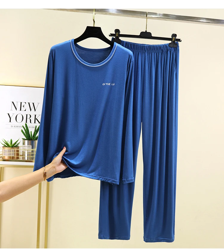 남성용 XL-4XL 파자마 라운드넥 긴팔 잠옷 세트 빅사이즈 모달 파자마 남성 봄 가을 홈웨어 피자마 옴브레