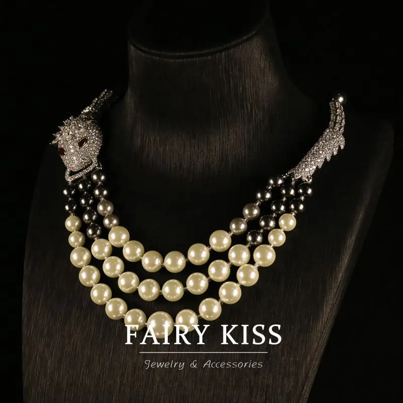 Light Exquisite, Fashionable, Zircon, Multi-Layer Pearl Dragon Necklace, Densely Inlaid Diamonds, With A Sense Of Luxury,