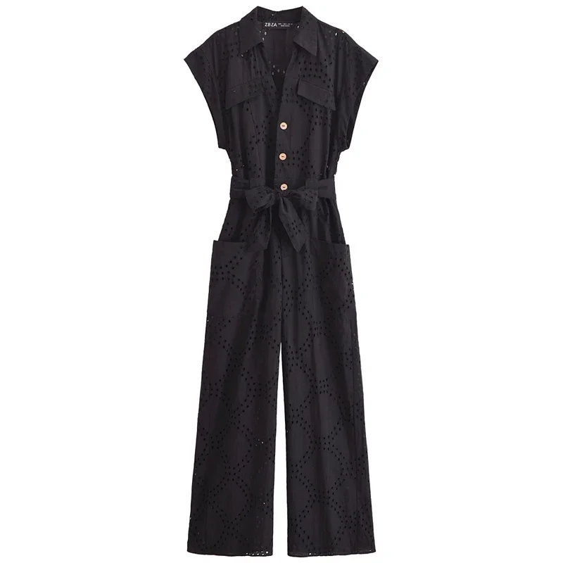 TRAF Women Jumpsuit Summer 2024 Hollow Out Embroidered Jumpsuit Black Sleeveless Overall With Belt Fashion Casual Lady Jumpsuits