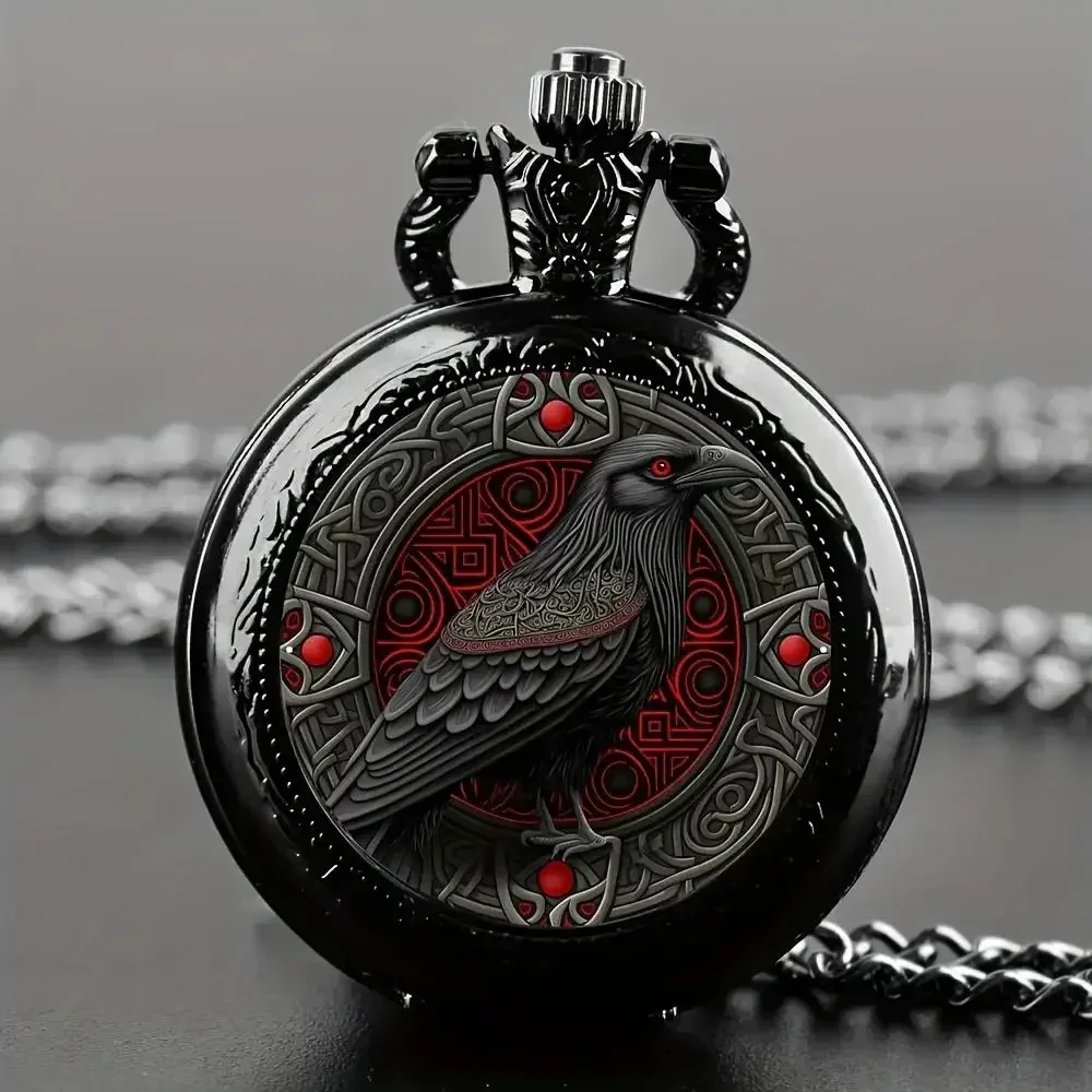 Vintage Black Raven Pattern Quartz Pocket Watch with Chain Necklace Retro Steampunk Pendant Watch Collectible Gift for Men