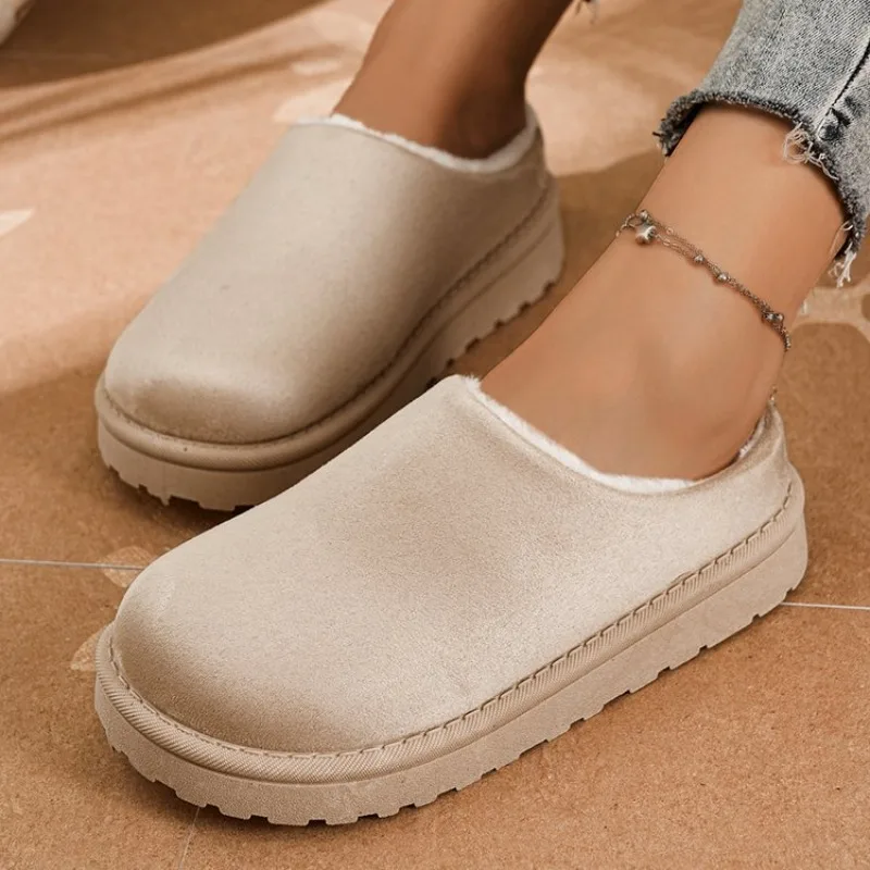 Winter Warm Fuzzy Lined Backless Mules Women Thick Sole Platform Slip On Clogs Casual Suede Fur Slippers Outdoor Walking Shoes