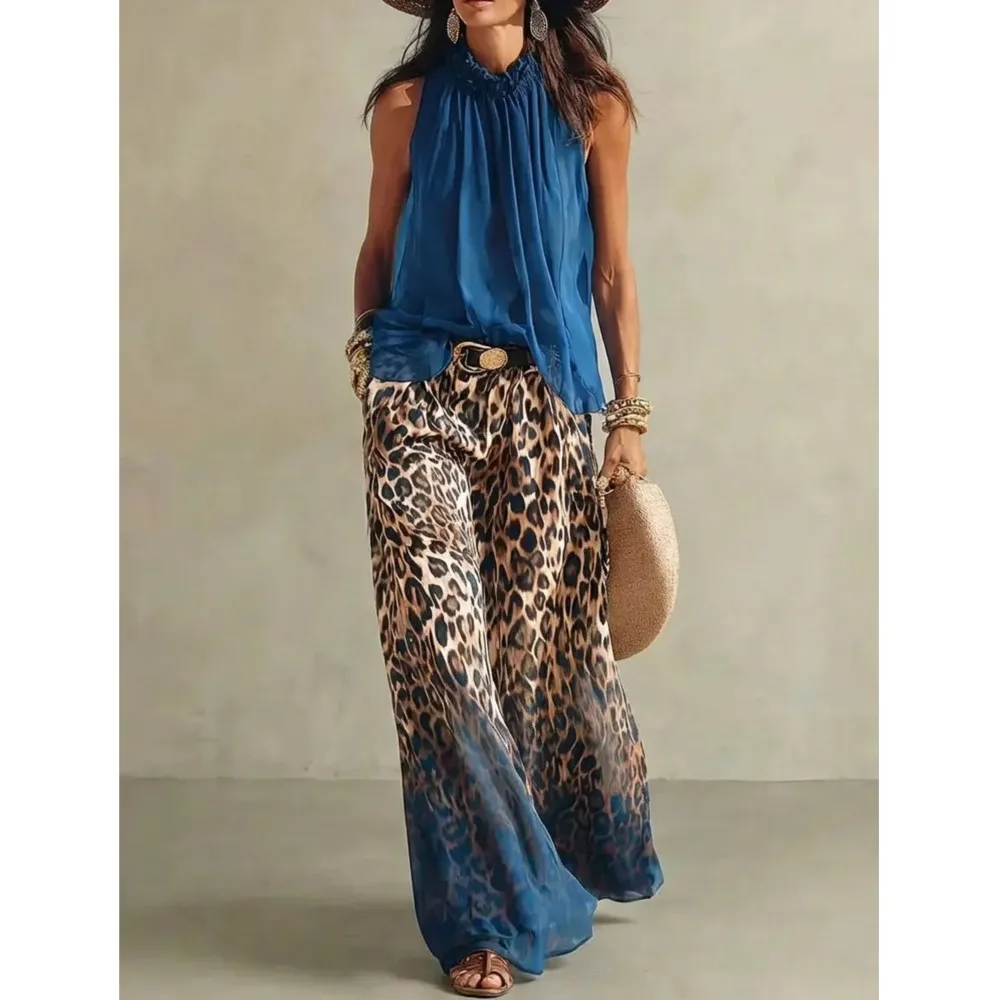Ensemble 2 pièces pour femme : pantalon large imprimé léopard dégradé et haut en mousseline bleu sans manches à col licou – Tendance
