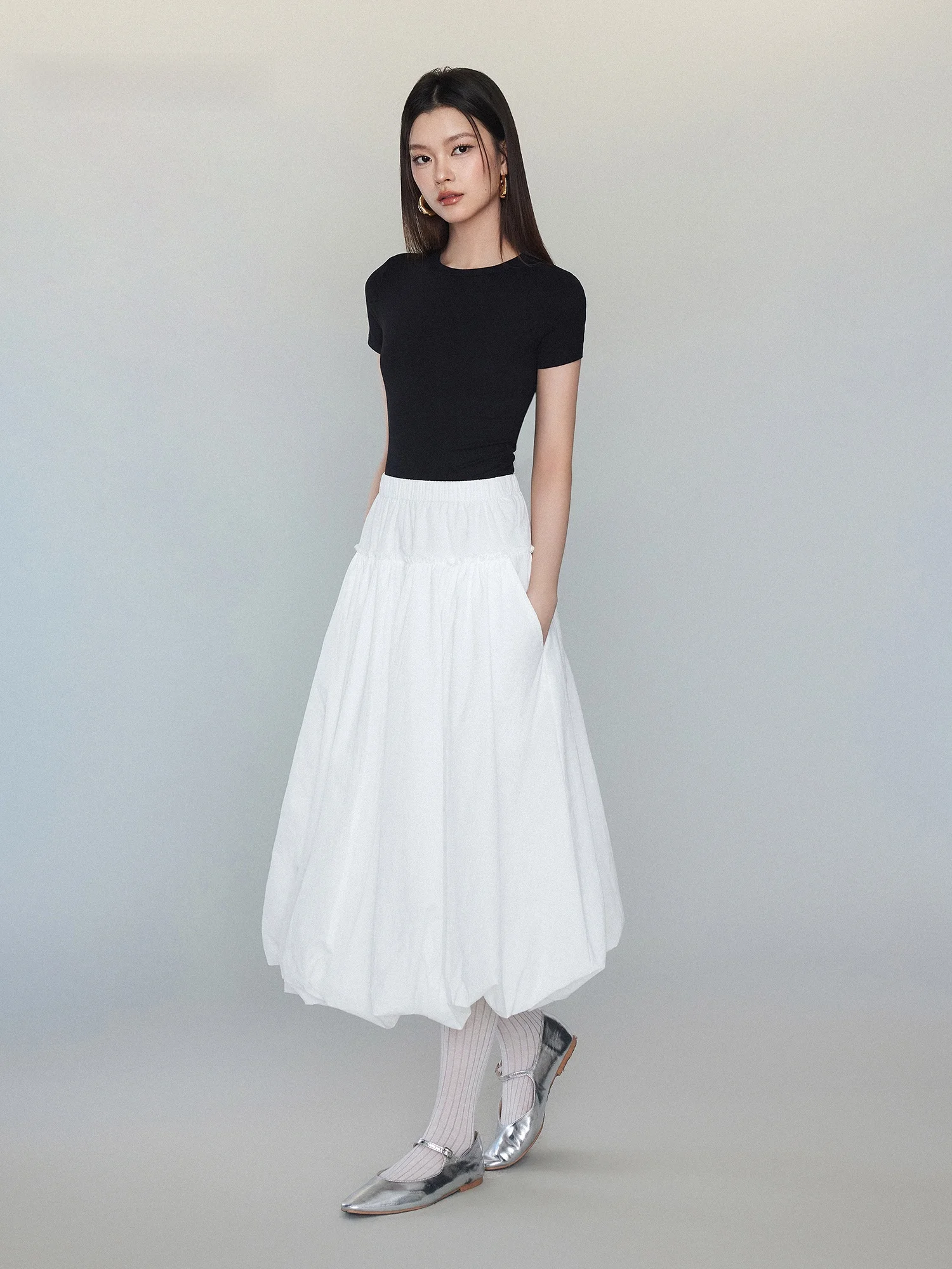 White Elastic Waist Puffy Half Skirt Women's Mid-Length A-Line Flower Bud Skirt Spring New Style Simple Commute Polyester Blend