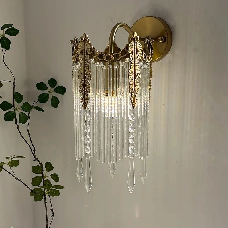 French Vintage Wall Lamps Crystal LED Wall Sconces Living Room Bedroom Glass Stripe Tassel Art Home Decoration Crown Wall Lights