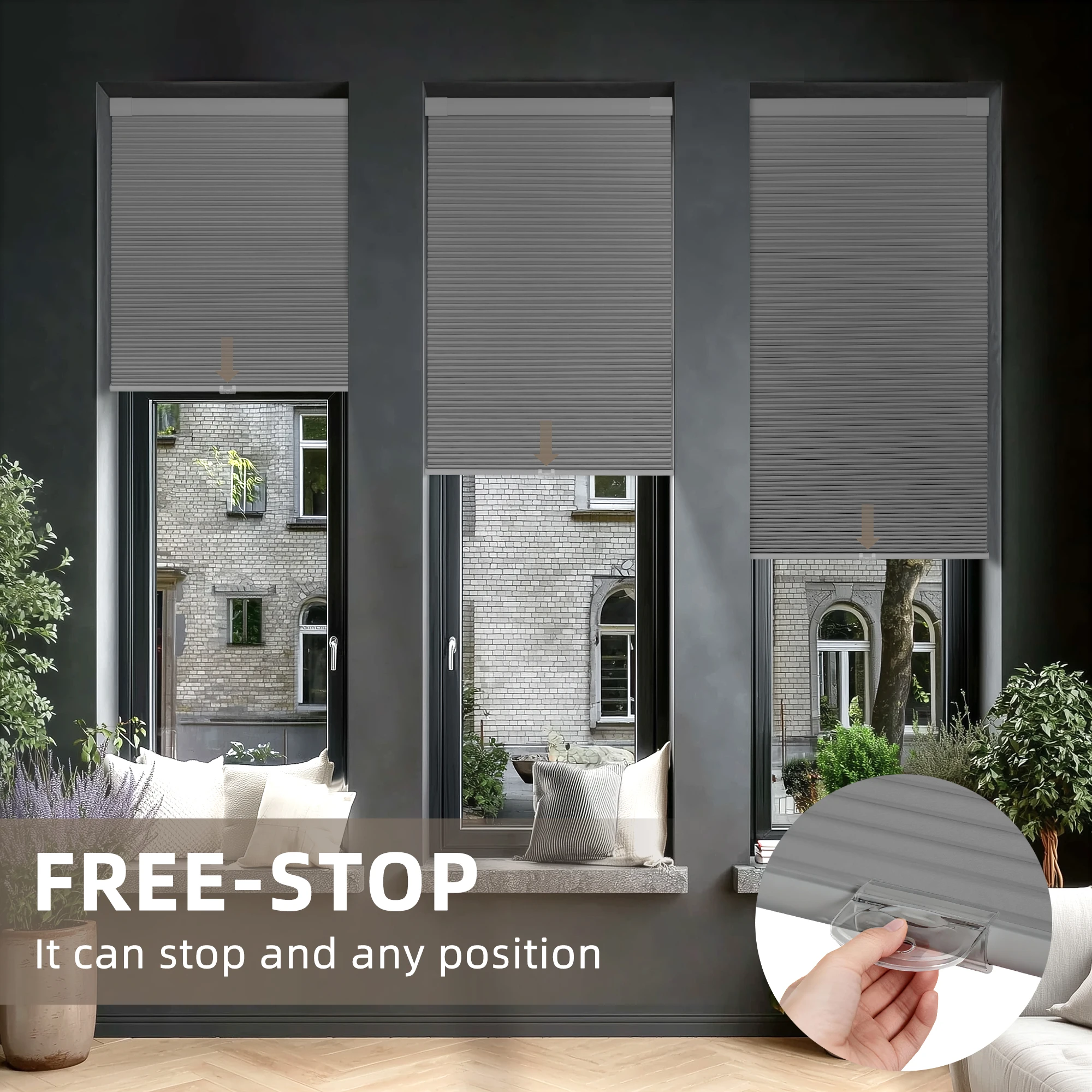 No Drill Cordless Blackout Cellular Shades Honeycomb Blinds for Windows Thermal Insulated Noise Reduction Cellular Curtains Gray