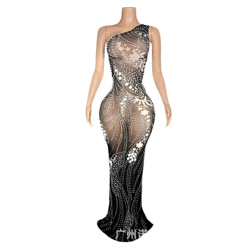 Glam Slanted Shoulder Mesh See-through Dress Banquet Host Performance Clothes Adult Model Catwalk Clothes Women Birthday Outfits