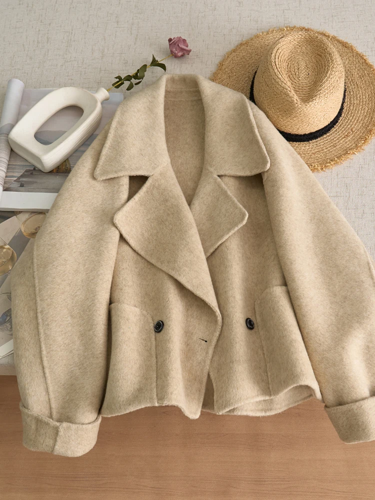 Women's Loose Fit Double Face Wool Coat Beige Oversized Lapel Button Winter Warm Outerwear for Casual Elegant Look