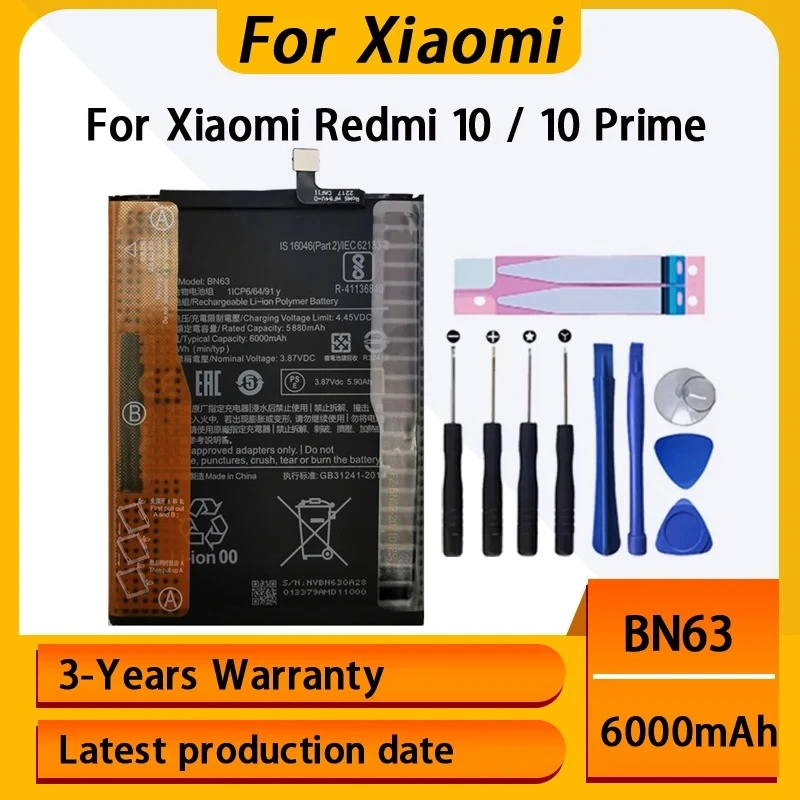 100% 6000mAh New BN63 Battery For Xiaomi RedMi 10 / 10 PRIME Phone Rechargeable Batteries Bateria Batterij+Free Tools