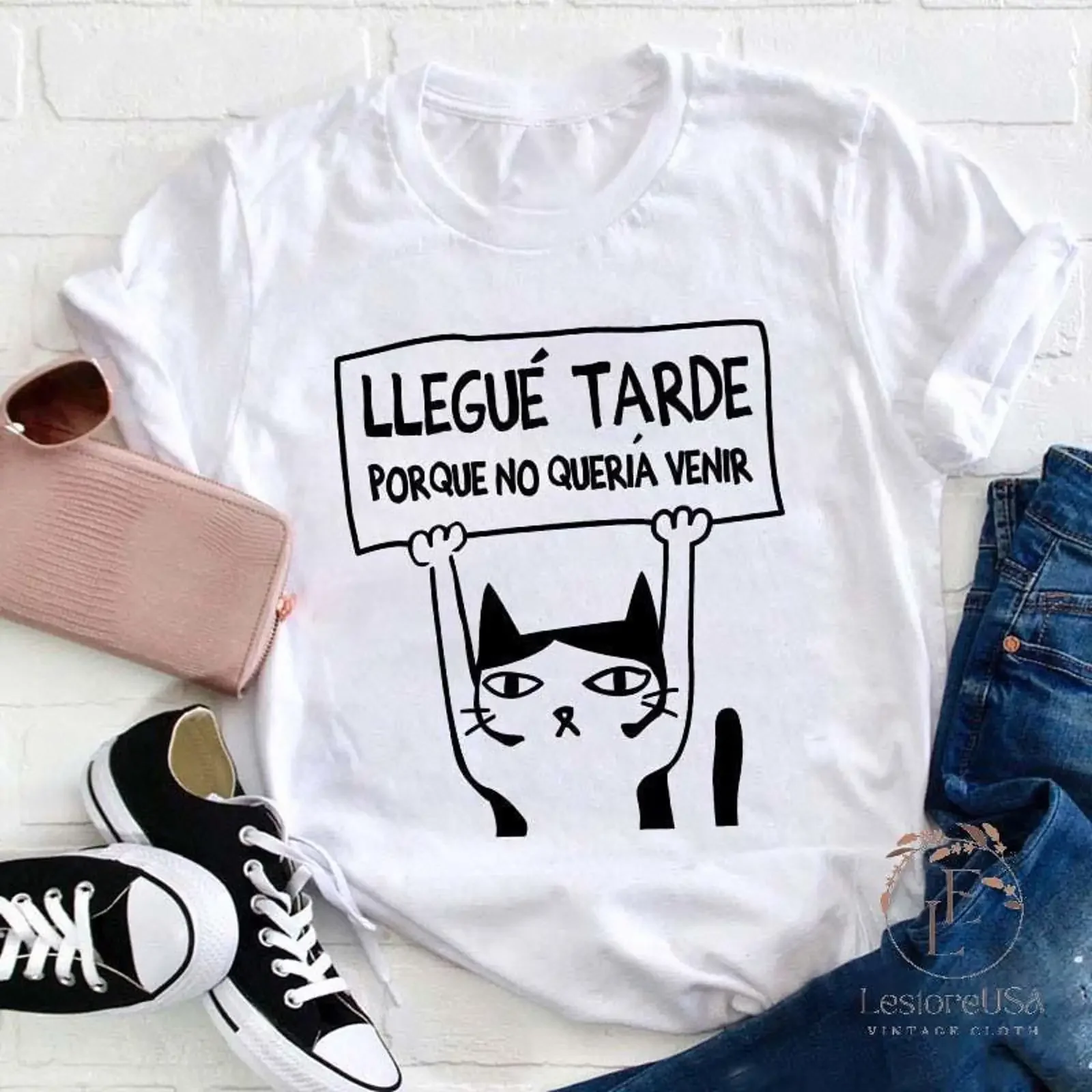 Llegue Tarde Spanish Funny Cat Meme T Shirt ESL Multilingual Language Teacher Sarcastic Casual vintage Washed homme Breathable