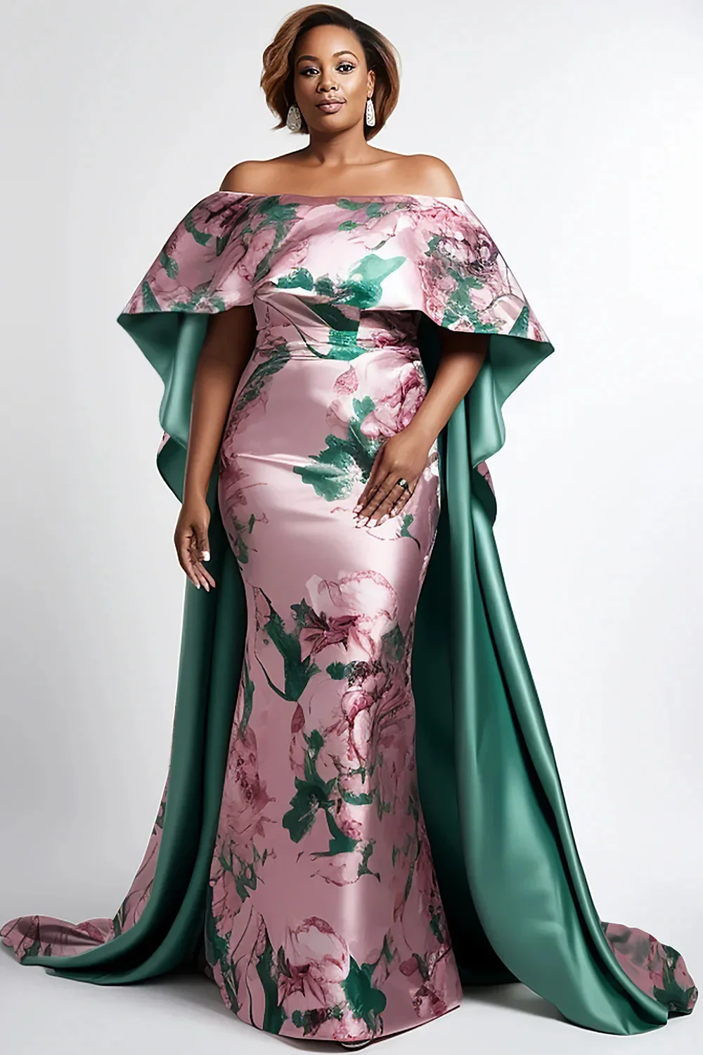 

Women Stain Plus Size Dress Mother Of The Bride Pink Floral Off The Shoulder Cape Sleeve Satin Long Dresses Elegant Party Dress