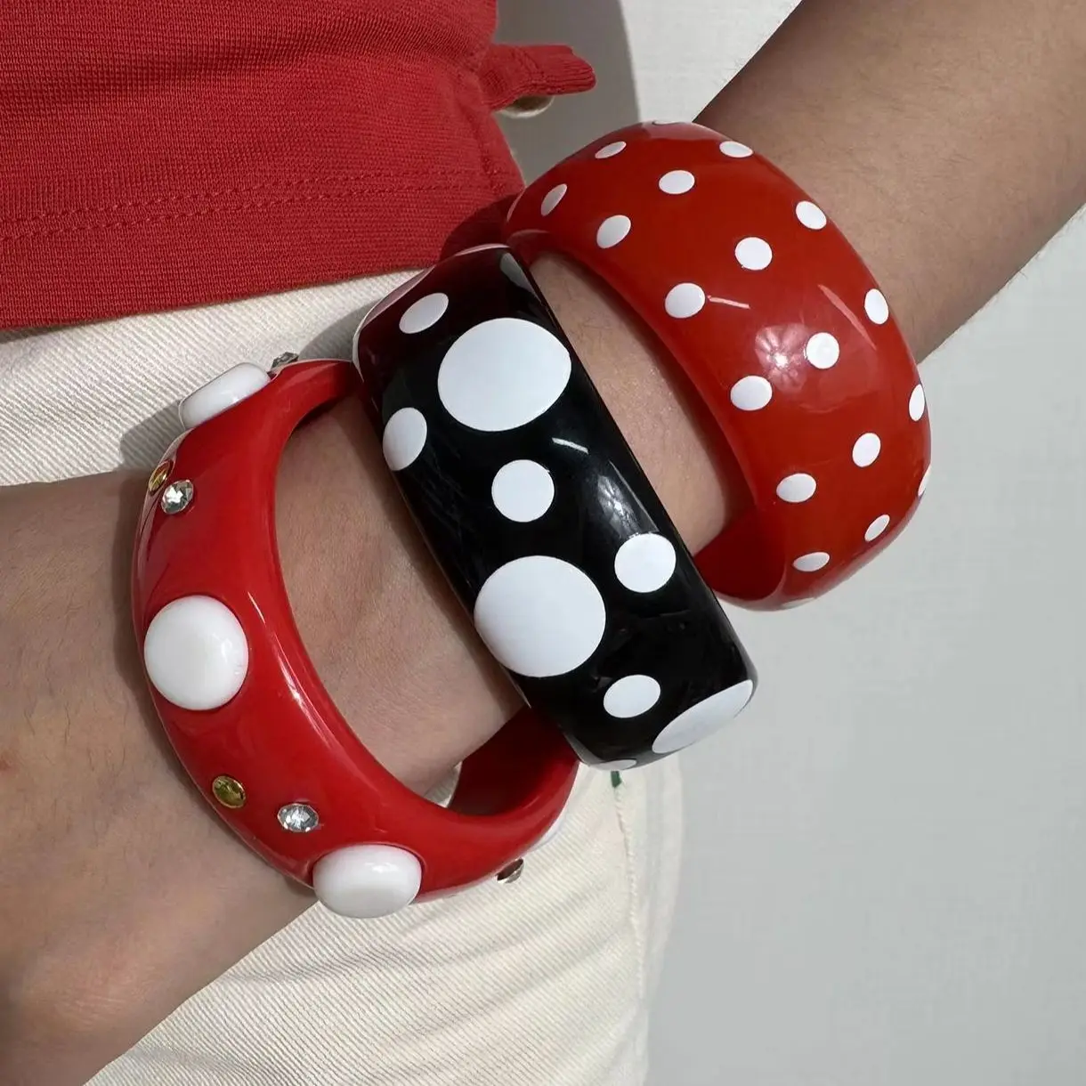 Women Polka Dot Resin Bangle Set Resin Rhinestone Stackable Bracelets Vintage European Style Birthday Gift Fashion Jewelry NEW