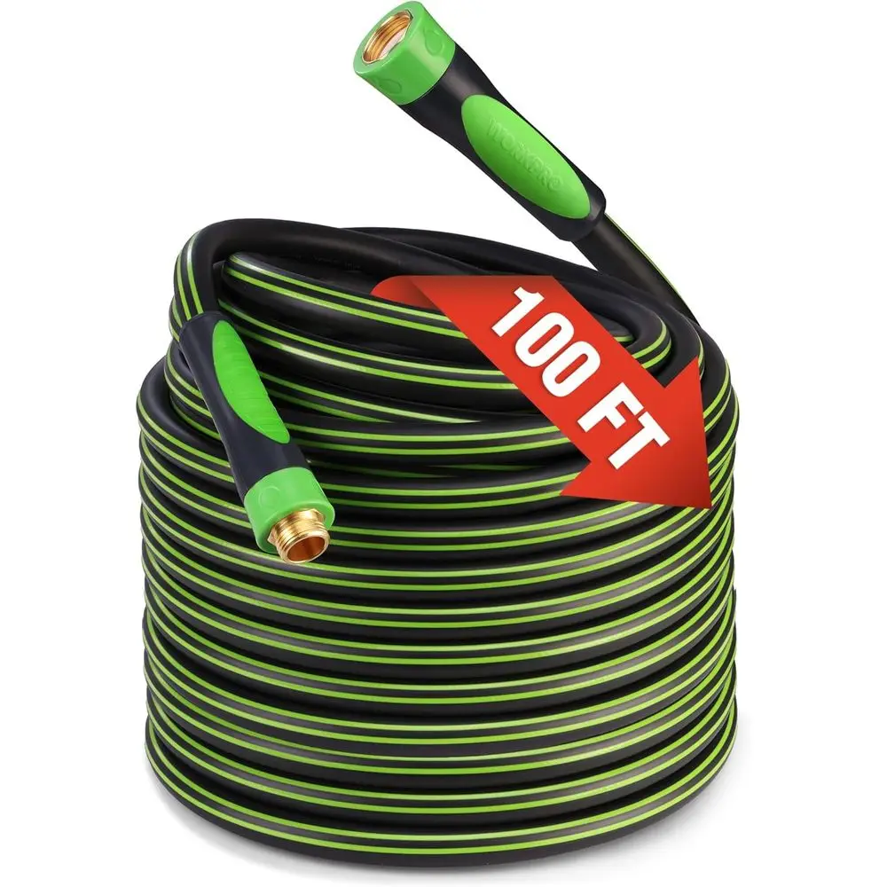 

Flexible 5/8 x 100ft Heavy-Duty Hybrid Rubber Garden Hose with 3/4 Brass Fittings and Rotary Handle for Outdoor Watering