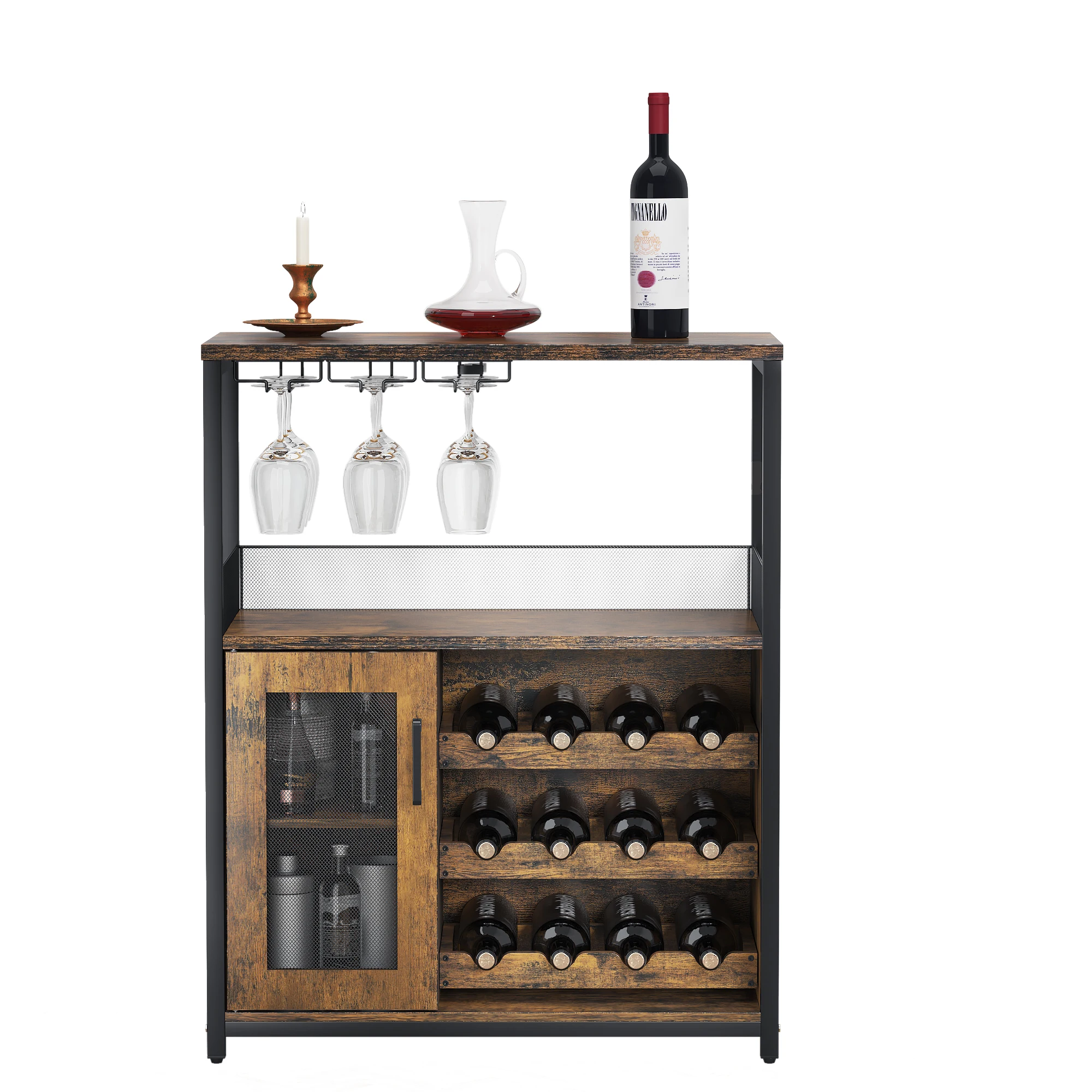 Wine Bar Cabinet with Detachable Wine Rack,Bar Rack Cabinet with Glass Holder and 1 Drawer,Mesh Door,Small Sideboard