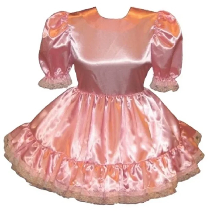 

Sissy Lockable Dress Pink Satin Girl Lace Fluffy Sleeves Adult Little Girl Giant Baby Costume Customized Costume Party