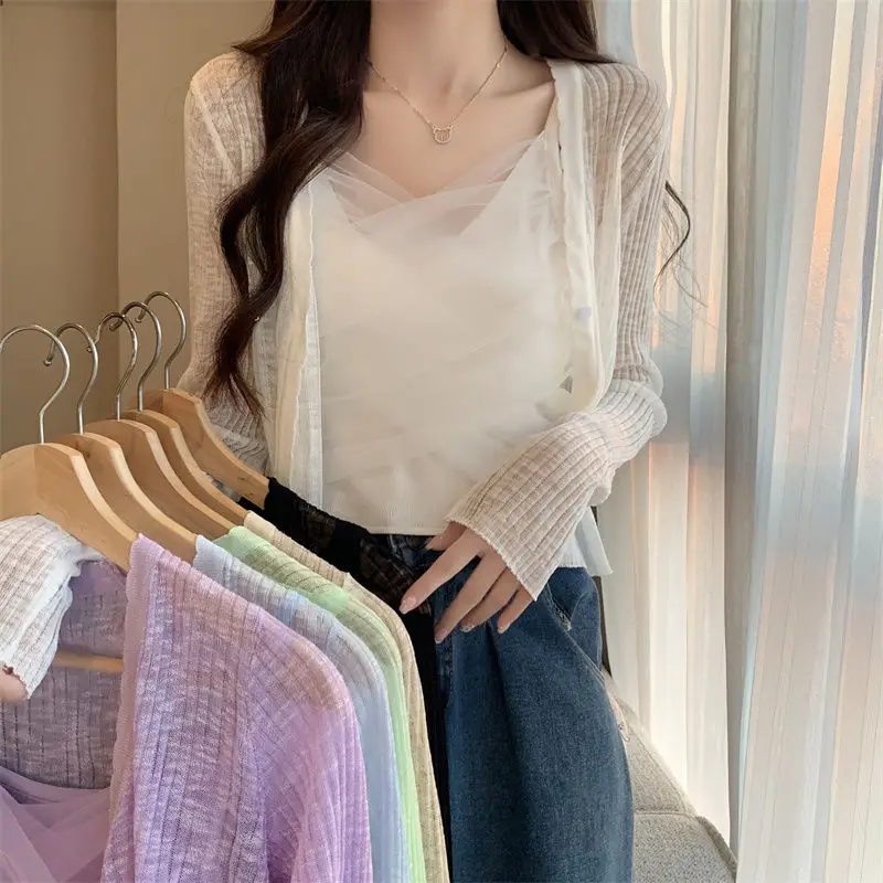 Women Short Ice Silk Knitted Cardigan Thin Summer Knitted Sun Protection Shirt Casual Shirts Thin Transparent Tops