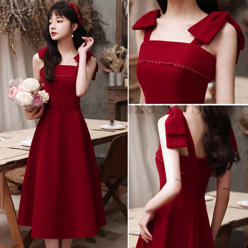 

Wedding Bridal Dress Sexy Strap Cheongsam Women's Evening Party Gown Plus Size 3XL Vestidos Burgundy Satin Qipao Toast Clothes