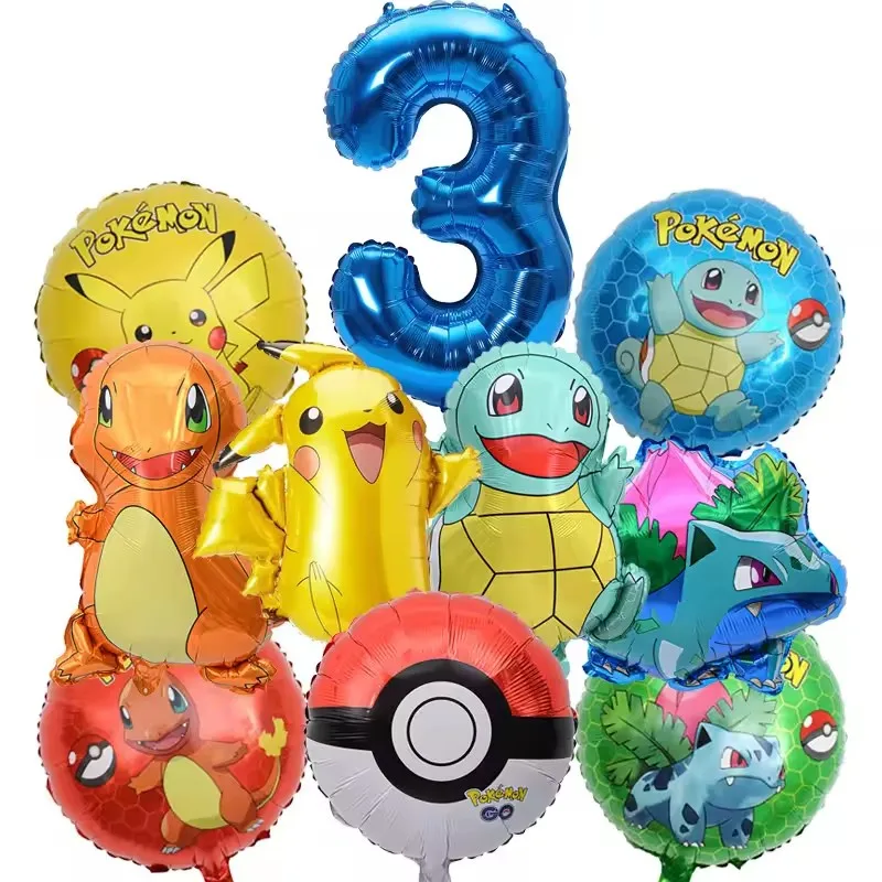 10-teiliges Pokemon-Luftballons-Set, Pikachu-Pokemon-Ball-Luftballons, 32 Zoll, blauer Zahlenballon für Kinder, Dekoration für die 1.-9. Geburtstagsfeier