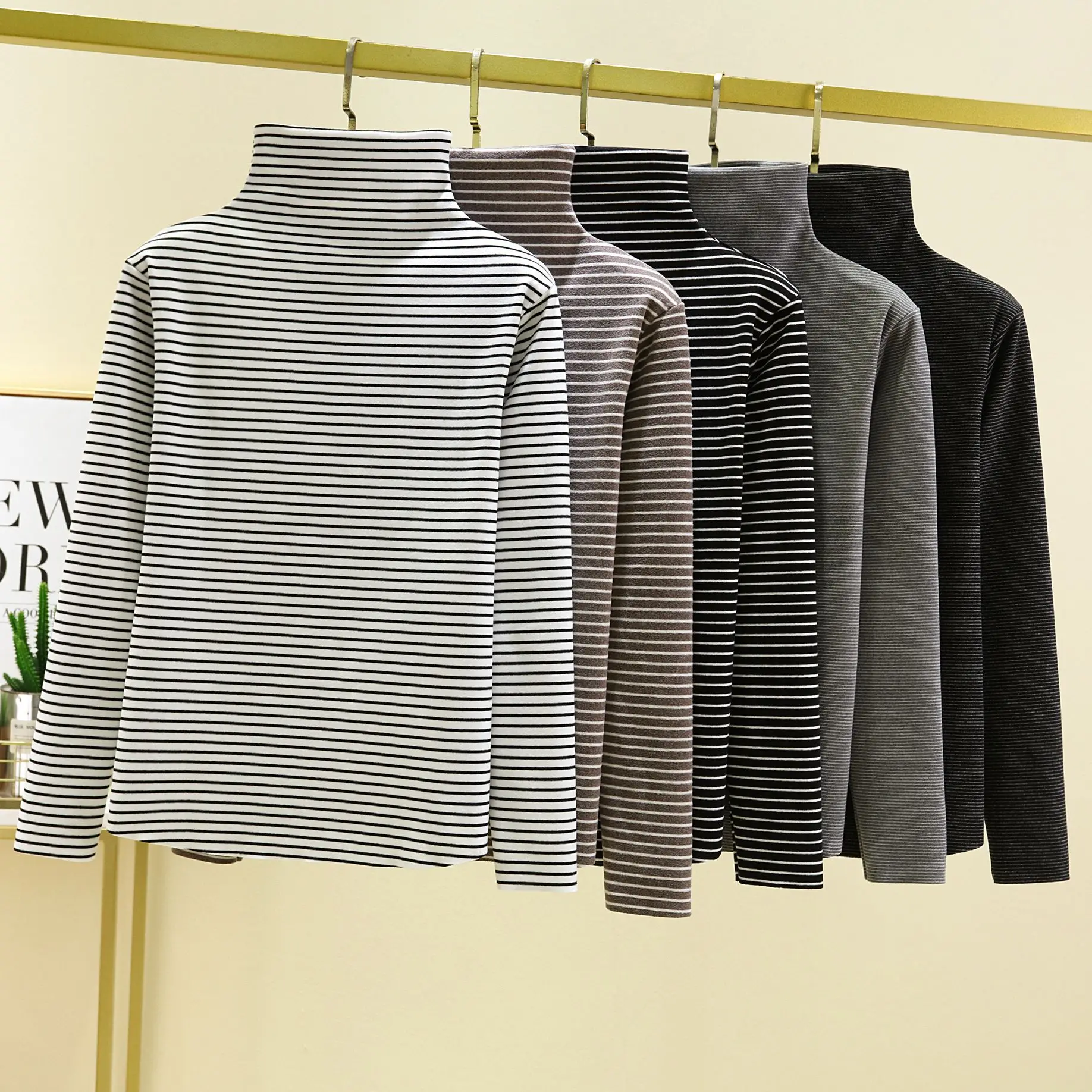 Dralon t-shirty z golfem modne paski polar jesienno-zimowa szczotkowana koszulka z długimi rękawami
