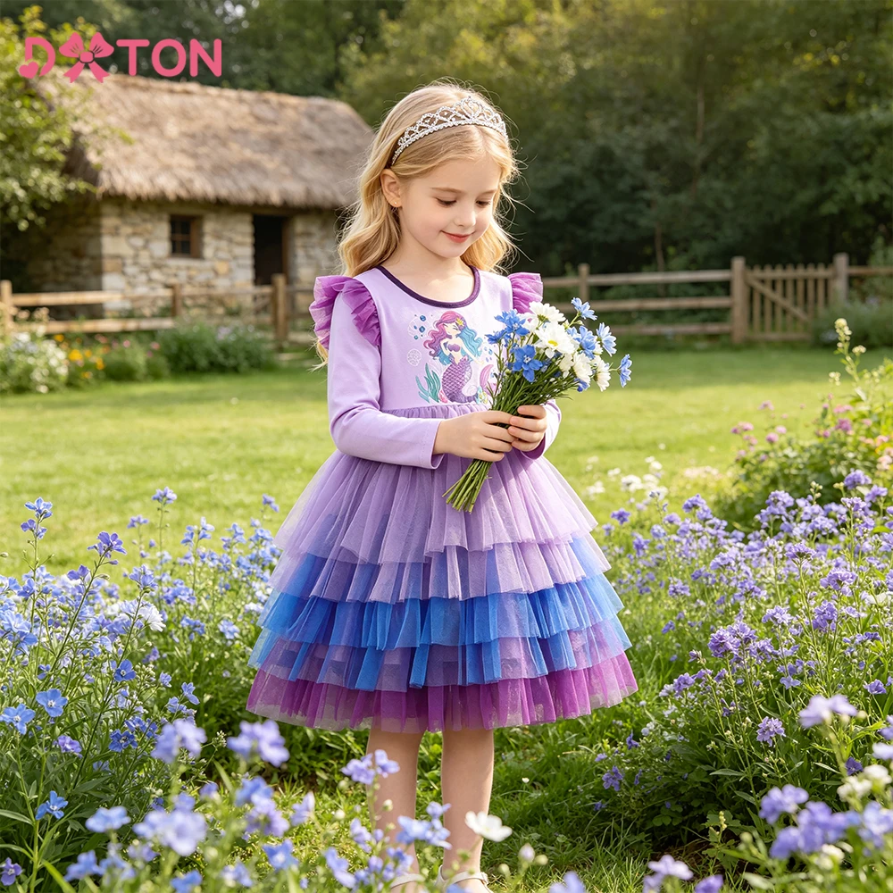 DXTON Princess Mesh Dress For Girls Cotton Long Sleeve Children Holiday Party Clothing Autumn  Kids Girls Dress Birthday Gifts