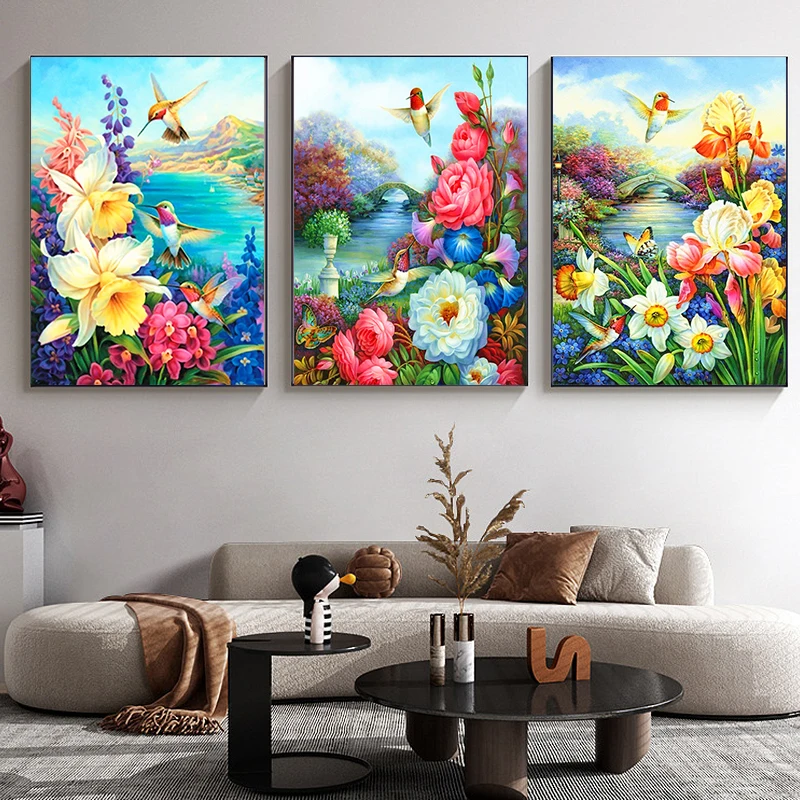 

RUOPOTY 3pcs Painting By Numbers For Starter Kit Birds chirping and flowers fragrant by the lake Acrylic paints Flower For Home