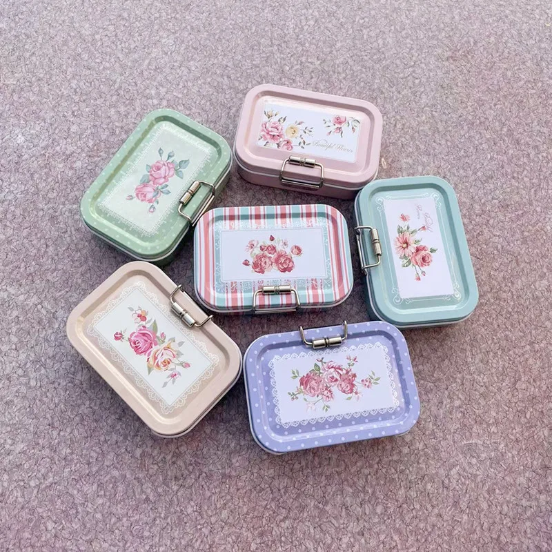 1PC Portable Retro Car Double-Layer Pull Button Jewelry Storage Tin Box Small Flowers Pattern Coin Earrings Candy Organizer Case