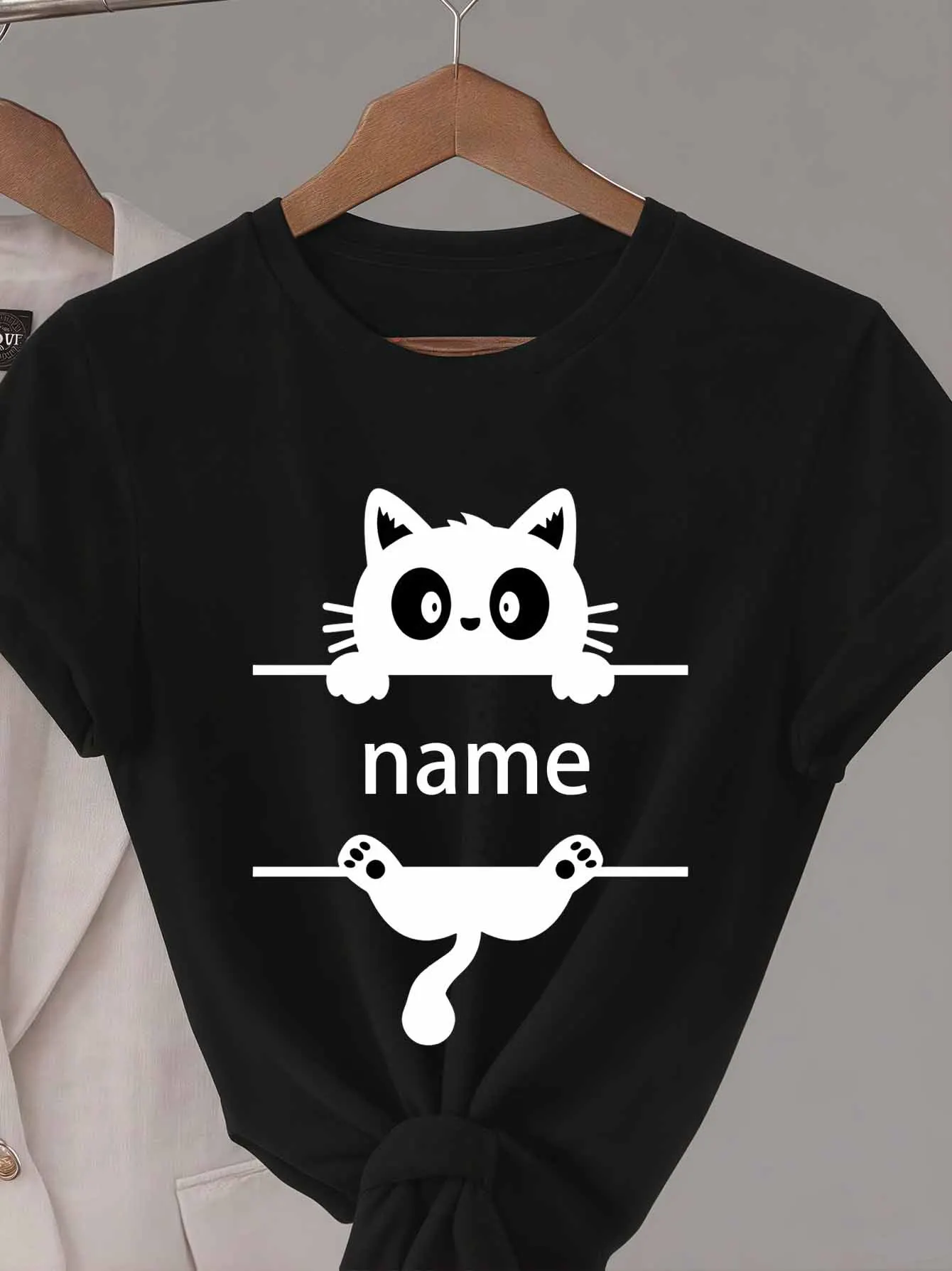 Customizable Cute Black Cat T-Shirt | Personalized Name Design, Tie-Waist Detail, Crew Neck, Slight Stretch Fabric For Summer